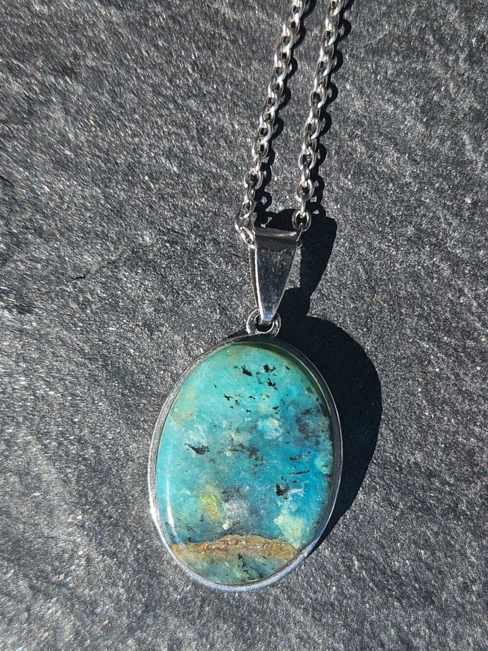 Chrysocolla Oval Pendant Necklace 18" Silver Chain Stainless Steel |Flying Birds